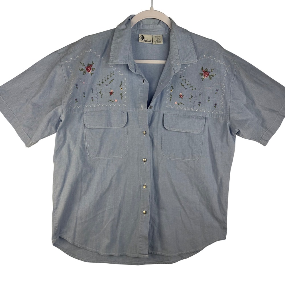 New Look Vintage 100% Cotton Floral Embroidered Short Sleeve Button Down Shirt L